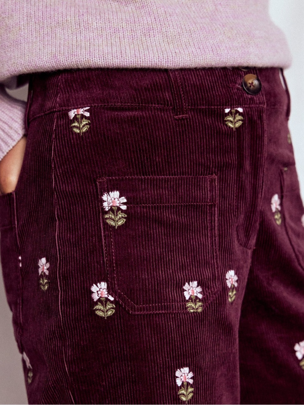 NWT BODEN Primrose Cord Pants Wide Leg Dark Cherry Embroidery Size 10 - Picture 2 of 6